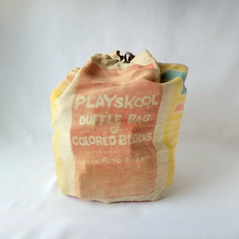 Vintage Playskool Duffle Bag Of Colored Blocks Durable Wood Educational Building